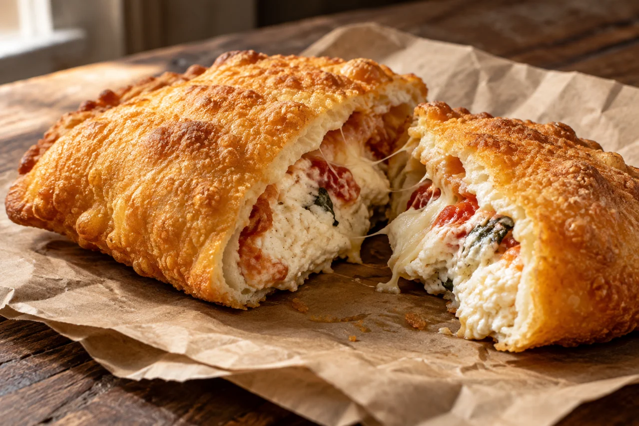 Pizza fritta ripiena tagliata a metà