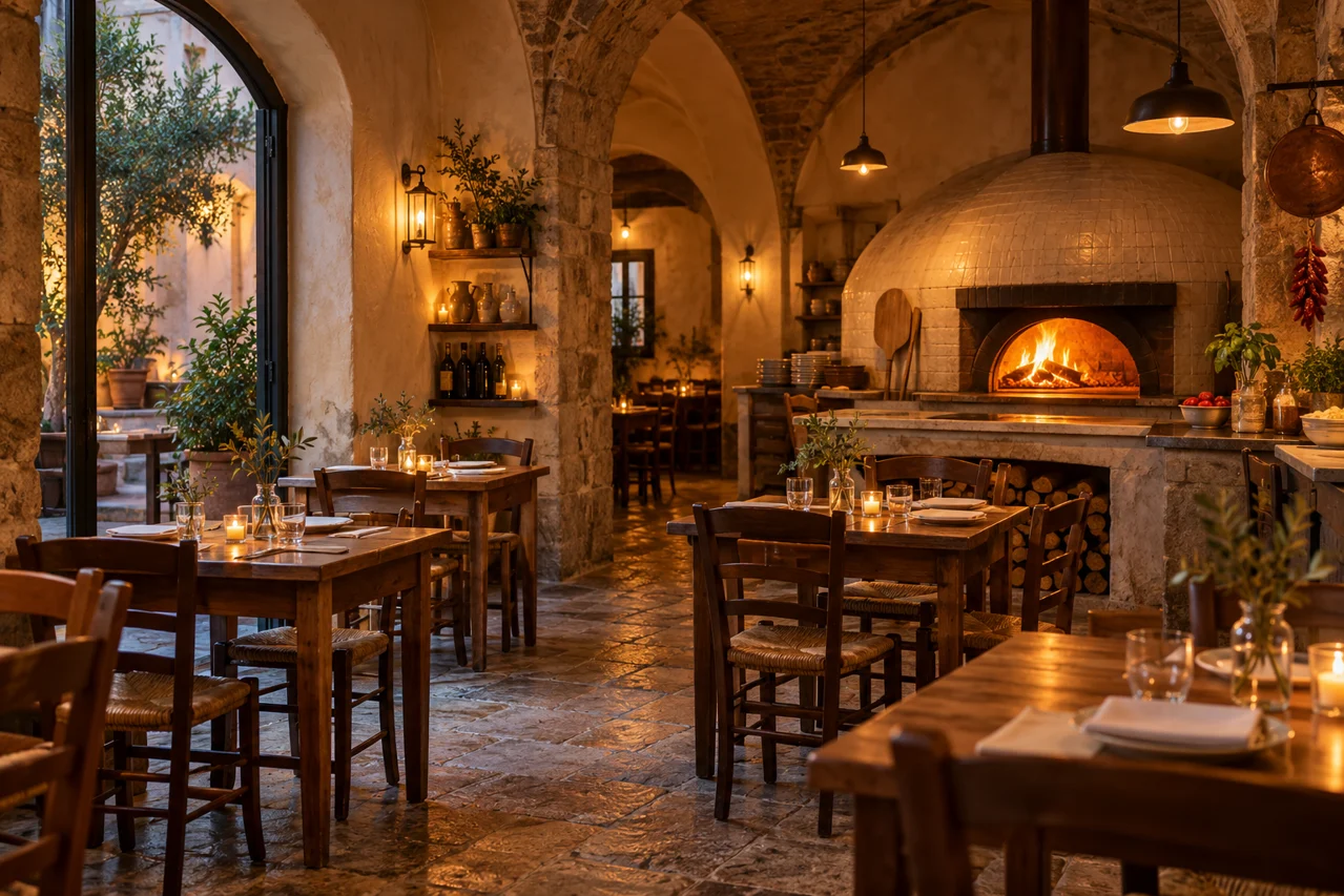 Ambiente di pizzeria con forno a legna, scena immaginaria